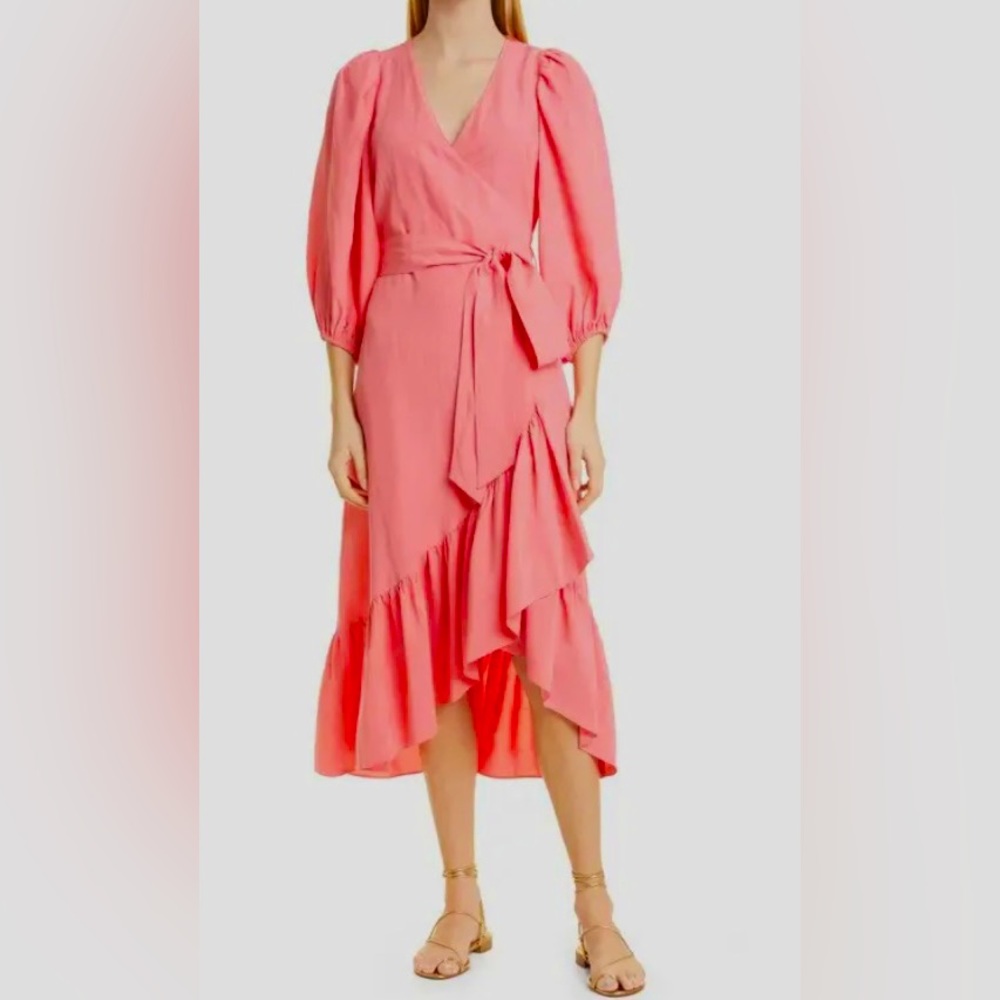 Kobi Halperin Pink Coral Wrap Midi Dress with Ruffle Hem